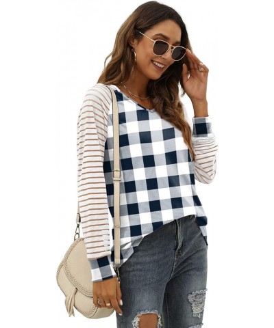 Womens Long Sleeve Tunic Tops Patchwork Sleeve Casual V Neck Loose Blouses Trendy 2023 E-plaid 1 $13.74 Tops