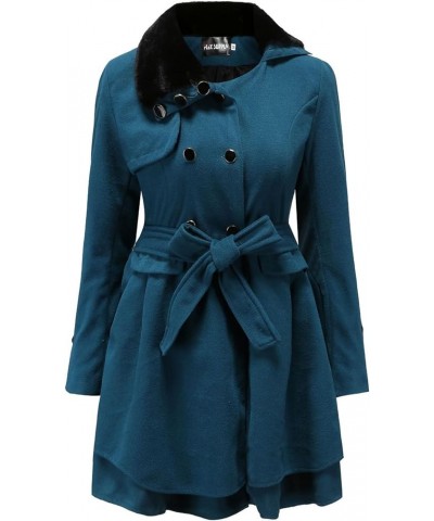 Womens Winter Peacoat Double Breasted Mid-Long Fashion Faux Fur Lapel Swing Warm Thick Wool Trench Coat with Belt Green $14.3...