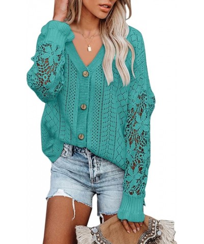 Crochet Lace V Neck Long Sleeve Hollow Out Cable Knit Cardigan for Women Sweaters Tops A Lake Blue $26.09 Sweaters