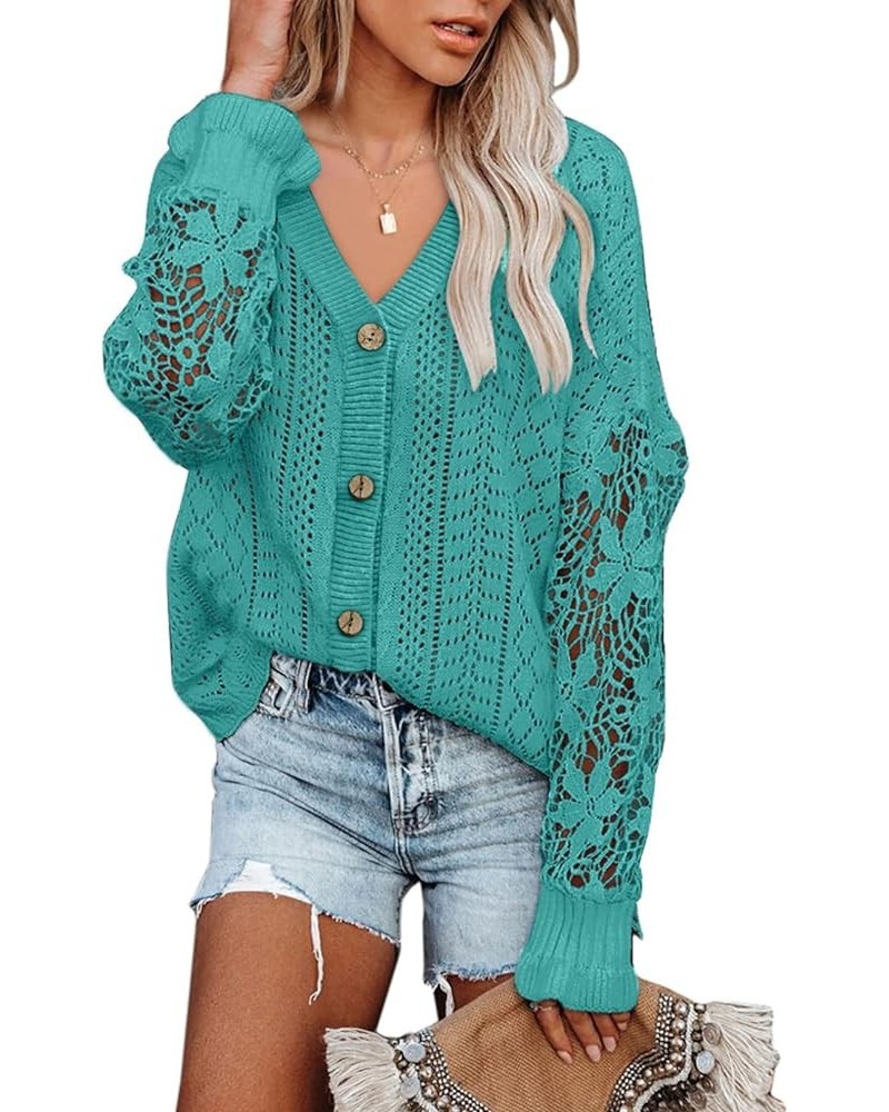 Crochet Lace V Neck Long Sleeve Hollow Out Cable Knit Cardigan for Women Sweaters Tops A Lake Blue $26.09 Sweaters