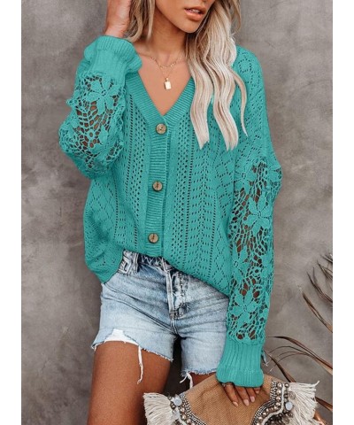 Crochet Lace V Neck Long Sleeve Hollow Out Cable Knit Cardigan for Women Sweaters Tops A Lake Blue $26.09 Sweaters