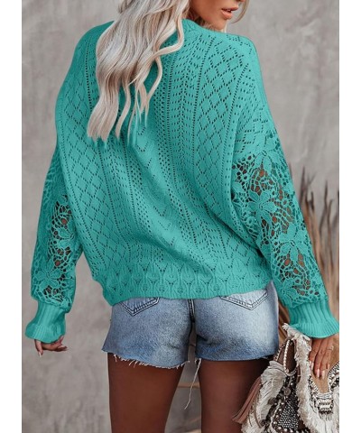 Crochet Lace V Neck Long Sleeve Hollow Out Cable Knit Cardigan for Women Sweaters Tops A Lake Blue $26.09 Sweaters