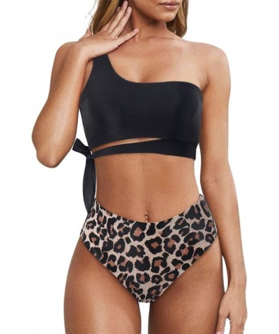 Women One Shoulder High Waisted Bikini Tie High Cut Two Piece Swimsuits Black Panther $13.92 Swimsuits