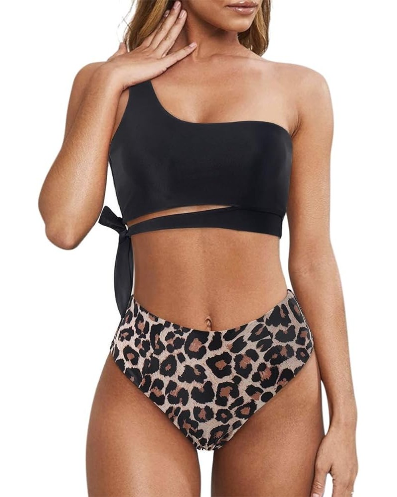 Women One Shoulder High Waisted Bikini Tie High Cut Two Piece Swimsuits Black Panther $13.92 Swimsuits