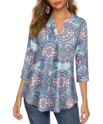 Women's Tops 3/4 Sleeve Casual V Neck Tunic Blouse Shirt Multi-blue $12.88 Tops