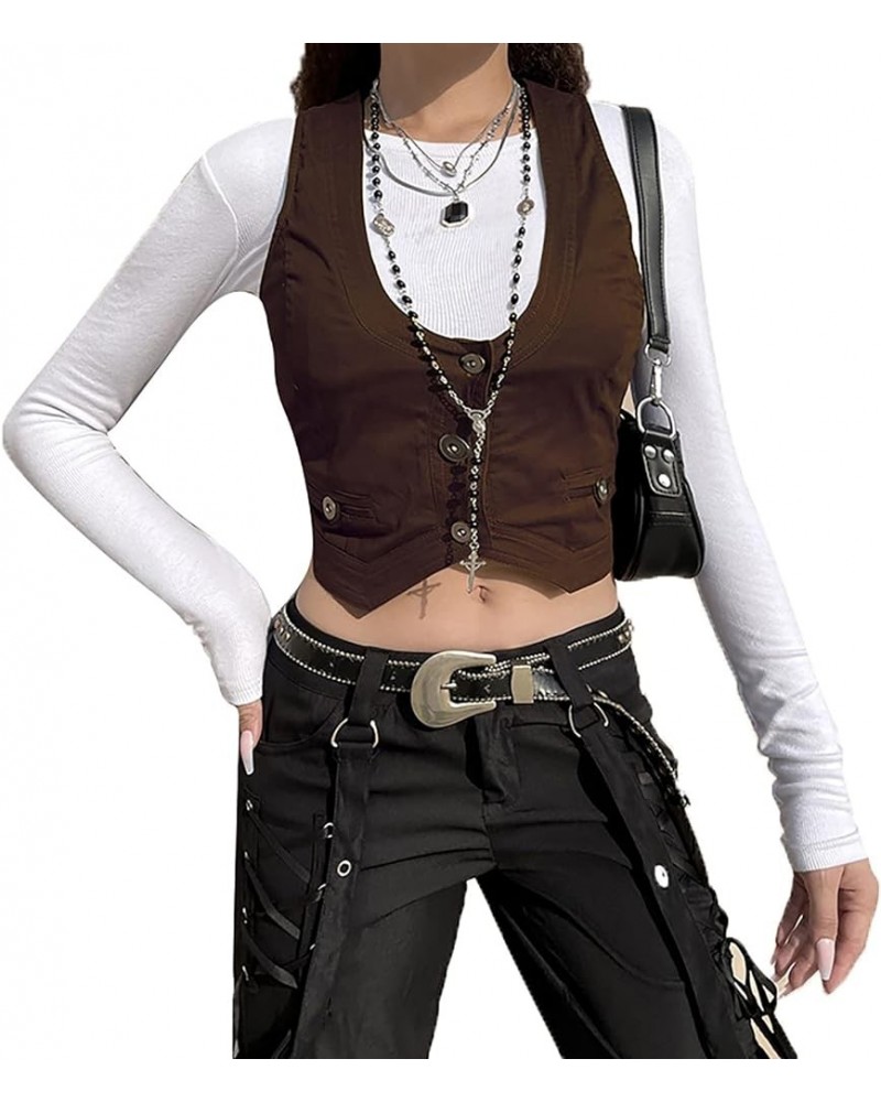 Women Casual Suit Vest Sleeveless V Neck Button Vest Tops Slim Fit Cropped Waistcoat Fashion Streetwear Dark Brown $9.17 Vests