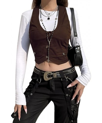 Women Casual Suit Vest Sleeveless V Neck Button Vest Tops Slim Fit Cropped Waistcoat Fashion Streetwear Dark Brown $9.17 Vests