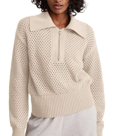 Women's Half Zip Pullover Sweaters Crochet Lapel Collar Long Sleeve Knit Solid Color Jumper Tops Beige $20.89 Sweaters