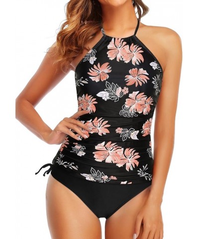 Two Piece Tankini Swimsuits for Women Tummy Control Bathing Suits Halter Tankini Top with Bikini Bottom Black Floral $22.90 S...