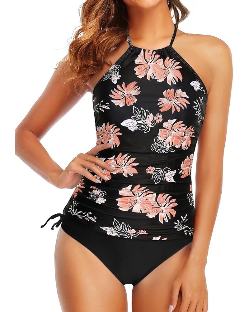 Two Piece Tankini Swimsuits for Women Tummy Control Bathing Suits Halter Tankini Top with Bikini Bottom Black Floral $22.90 S...