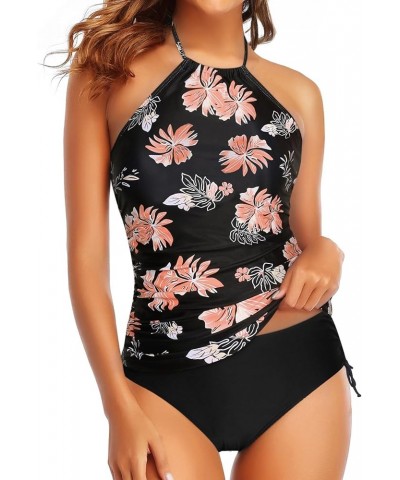 Two Piece Tankini Swimsuits for Women Tummy Control Bathing Suits Halter Tankini Top with Bikini Bottom Black Floral $22.90 S...