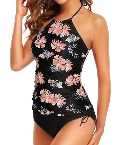 Two Piece Tankini Swimsuits for Women Tummy Control Bathing Suits Halter Tankini Top with Bikini Bottom Black Floral $22.90 S...