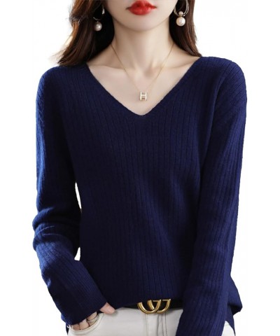 Women's 2023 V Neck Long Sleeve Pullover Cashmere Sweater Casual Comfortable Warm Loose Ribbed Knitted Jumper Dark Blue $15.1...