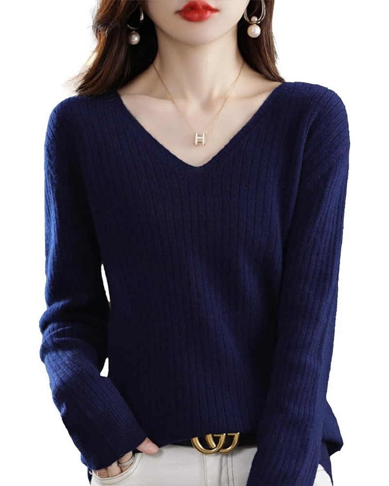 Women's 2023 V Neck Long Sleeve Pullover Cashmere Sweater Casual Comfortable Warm Loose Ribbed Knitted Jumper Dark Blue $15.1...