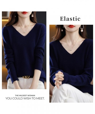 Women's 2023 V Neck Long Sleeve Pullover Cashmere Sweater Casual Comfortable Warm Loose Ribbed Knitted Jumper Dark Blue $15.1...