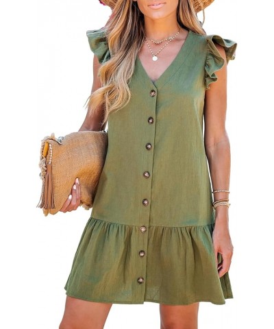 Women's Ruffled Trim Button-Front Mini Dress Sleeveless Mini Dresses Casual Summer Olive Green $18.90 Dresses