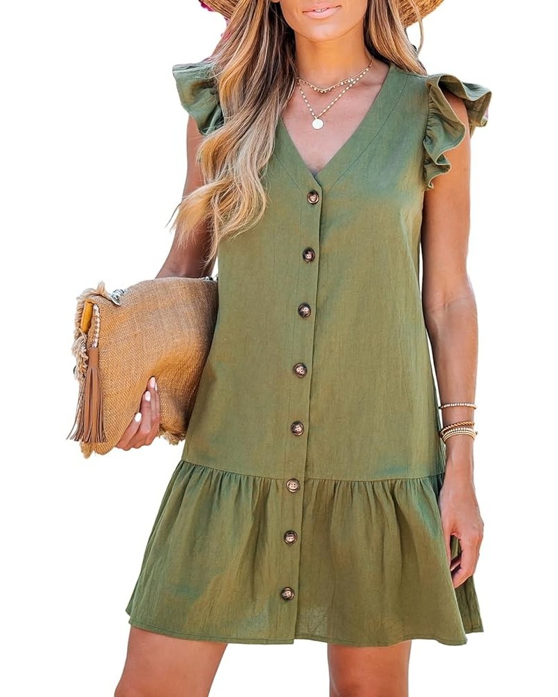 Women's Ruffled Trim Button-Front Mini Dress Sleeveless Mini Dresses Casual Summer Olive Green $18.90 Dresses