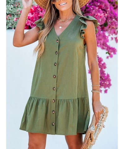 Women's Ruffled Trim Button-Front Mini Dress Sleeveless Mini Dresses Casual Summer Olive Green $18.90 Dresses