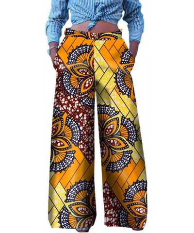 Women's Fashion Casual Plus Size African Print Cotton Wide Leg Pants with Pockets Yellow+orange+multicolored $23.52 Pants