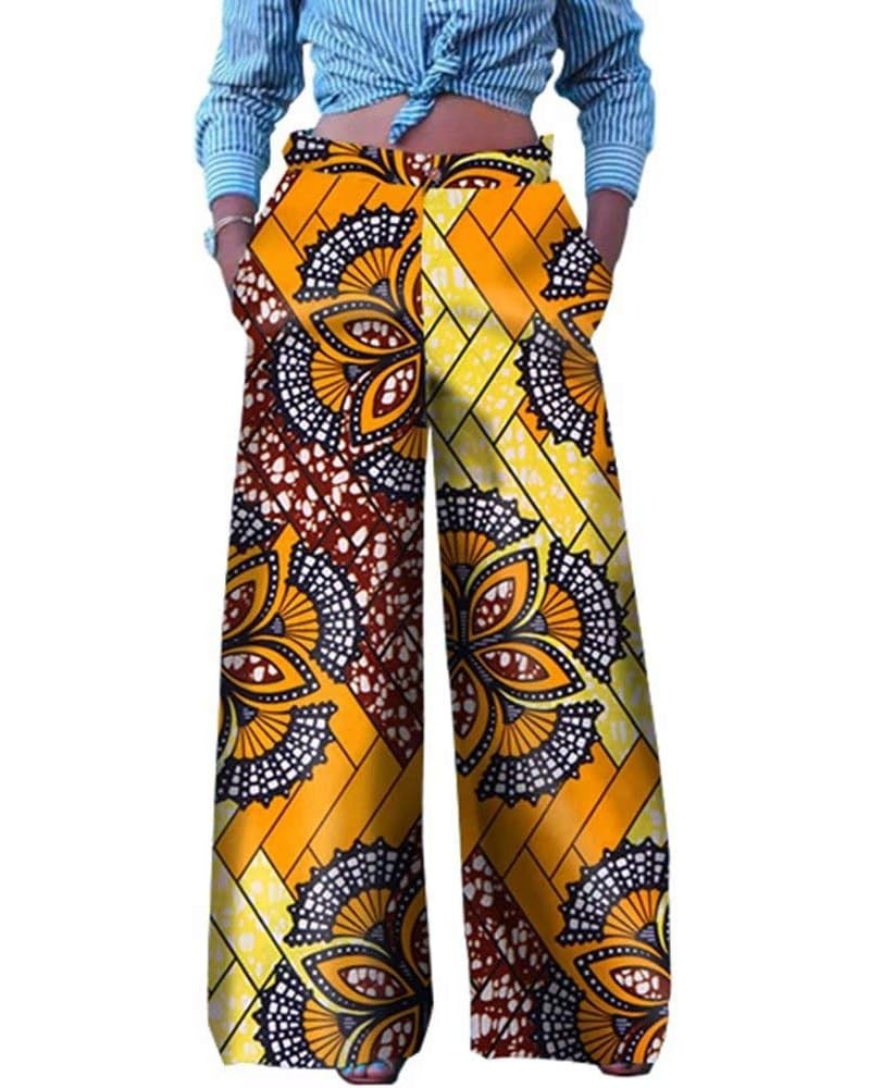 Women's Fashion Casual Plus Size African Print Cotton Wide Leg Pants with Pockets Yellow+orange+multicolored $23.52 Pants