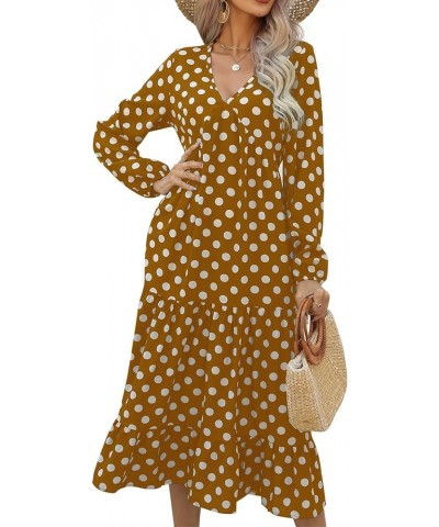 Womens Bohemian Polka Dots V Neck Long Sleeve Maxi Dress Casual Loose Swing Flowy Long Dresses A Polka Dots Brown $18.28 Dresses