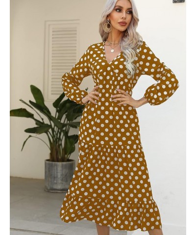 Womens Bohemian Polka Dots V Neck Long Sleeve Maxi Dress Casual Loose Swing Flowy Long Dresses A Polka Dots Brown $18.28 Dresses