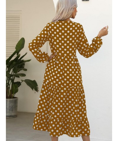 Womens Bohemian Polka Dots V Neck Long Sleeve Maxi Dress Casual Loose Swing Flowy Long Dresses A Polka Dots Brown $18.28 Dresses