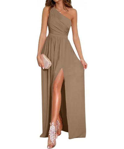 Women's One Shoulder High Split Sleeveless Ruched Sexy Cocktail Maxi Long Dress Solid Light Brown $30.00 Dresses