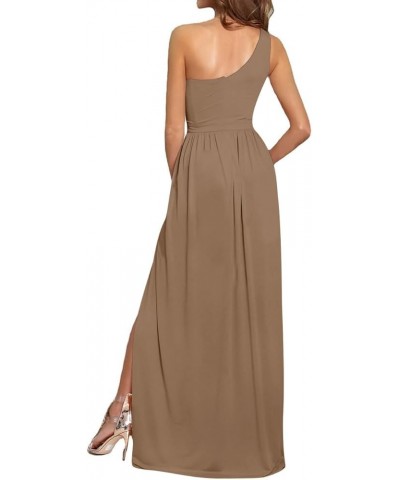 Women's One Shoulder High Split Sleeveless Ruched Sexy Cocktail Maxi Long Dress Solid Light Brown $30.00 Dresses