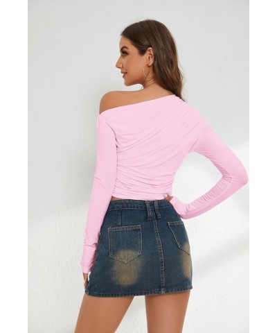 Women's One Off Shoulder Crop Tops Ruched Long Sleeve Crop T Shirt Sexy Solid Slim Fit Casual Cropped Tee Shirts Pink $11.75 ...