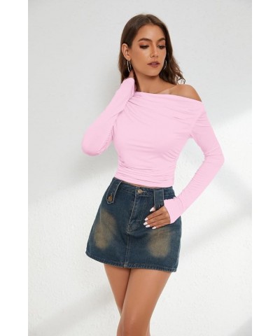 Women's One Off Shoulder Crop Tops Ruched Long Sleeve Crop T Shirt Sexy Solid Slim Fit Casual Cropped Tee Shirts Pink $11.75 ...