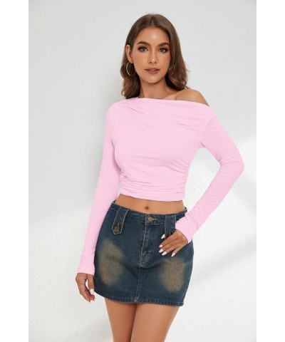 Women's One Off Shoulder Crop Tops Ruched Long Sleeve Crop T Shirt Sexy Solid Slim Fit Casual Cropped Tee Shirts Pink $11.75 ...