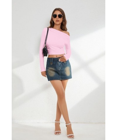 Women's One Off Shoulder Crop Tops Ruched Long Sleeve Crop T Shirt Sexy Solid Slim Fit Casual Cropped Tee Shirts Pink $11.75 ...