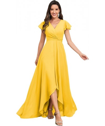 High Low Short Sleeve Bridesmaid Dresses for Women Chiffon Ruched A Line Prom Formal Evening Gowns Mustard Yellow $30.75 Dresses