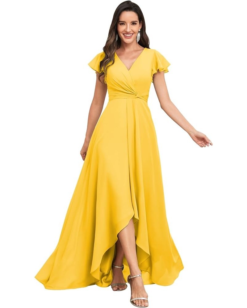 High Low Short Sleeve Bridesmaid Dresses for Women Chiffon Ruched A Line Prom Formal Evening Gowns Mustard Yellow $30.75 Dresses