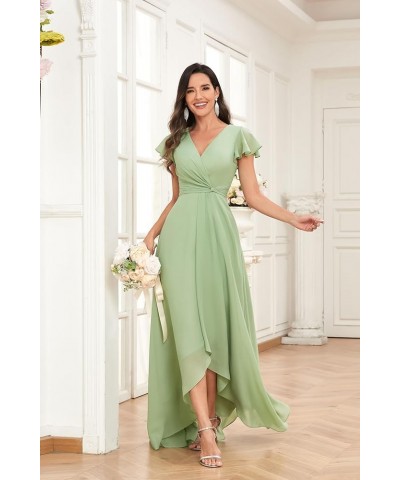 High Low Short Sleeve Bridesmaid Dresses for Women Chiffon Ruched A Line Prom Formal Evening Gowns Mustard Yellow $30.75 Dresses