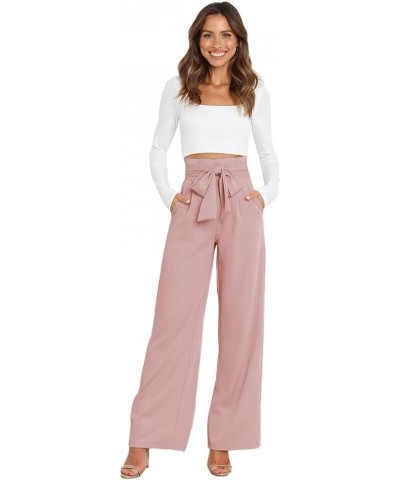 Women's Casual High Waist Belted Wide Leg Pants with Pocket Bow-Knot Self Tie Work Pants Long Palazzo Pants Trousers Pink $10...