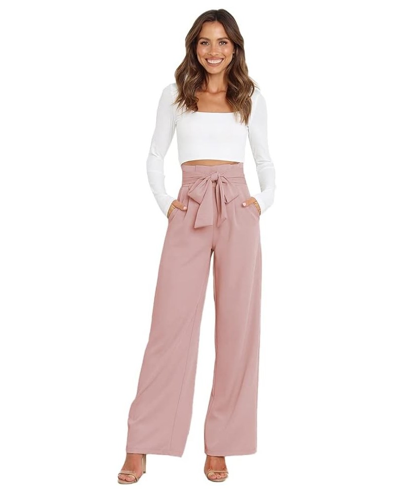 Women's Casual High Waist Belted Wide Leg Pants with Pocket Bow-Knot Self Tie Work Pants Long Palazzo Pants Trousers Pink $10...