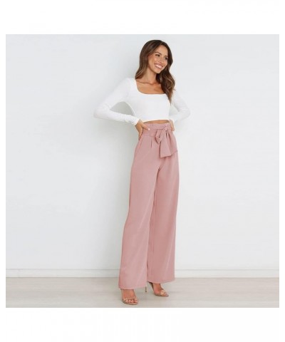 Women's Casual High Waist Belted Wide Leg Pants with Pocket Bow-Knot Self Tie Work Pants Long Palazzo Pants Trousers Pink $10...