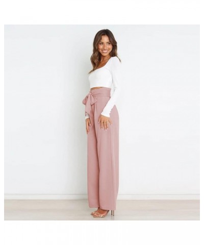 Women's Casual High Waist Belted Wide Leg Pants with Pocket Bow-Knot Self Tie Work Pants Long Palazzo Pants Trousers Pink $10...