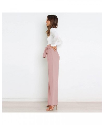 Women's Casual High Waist Belted Wide Leg Pants with Pocket Bow-Knot Self Tie Work Pants Long Palazzo Pants Trousers Pink $10...