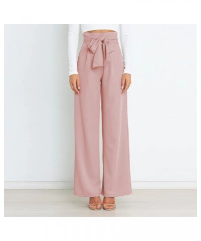 Women's Casual High Waist Belted Wide Leg Pants with Pocket Bow-Knot Self Tie Work Pants Long Palazzo Pants Trousers Pink $10...