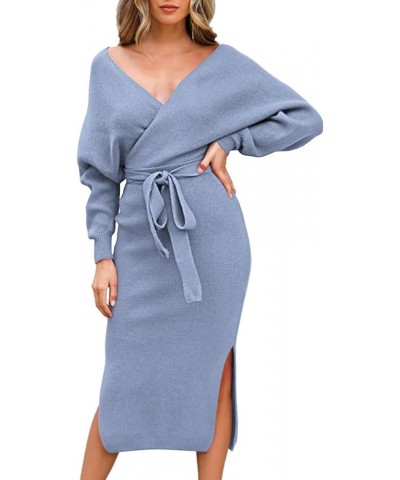 Women's V Neck Sweater Dress Casual Batwing Sleeve Wrap Front Backless Tie Waist Bodycon Dress Blue $19.24 Dresses