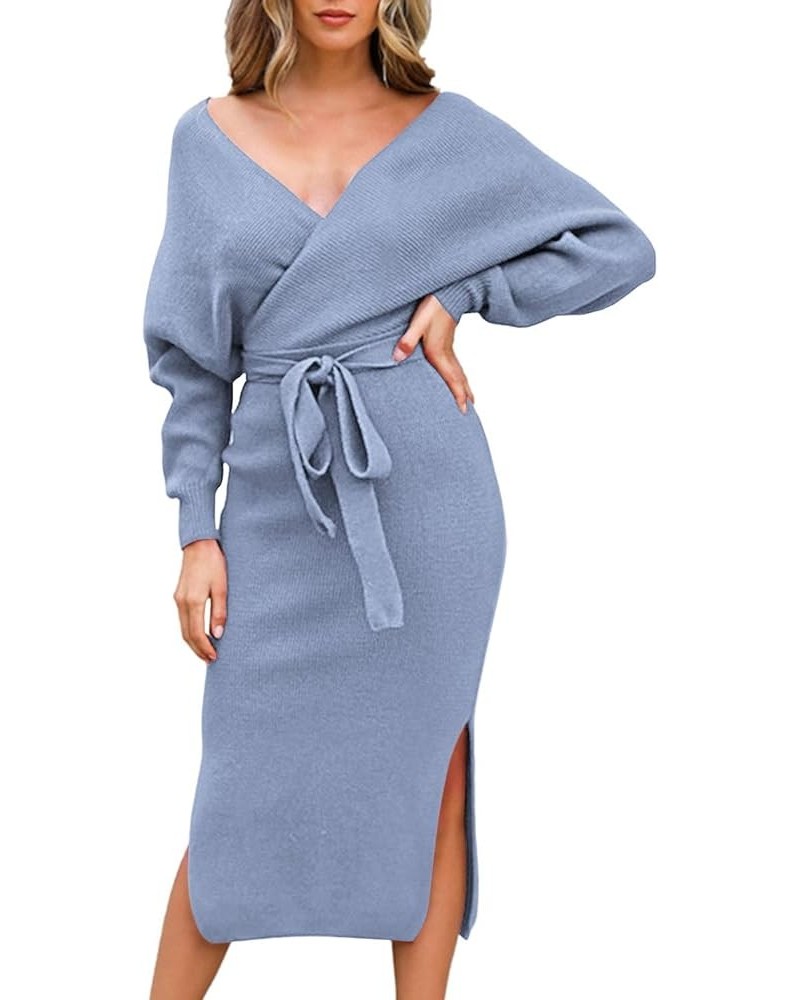 Women's V Neck Sweater Dress Casual Batwing Sleeve Wrap Front Backless Tie Waist Bodycon Dress Blue $19.24 Dresses