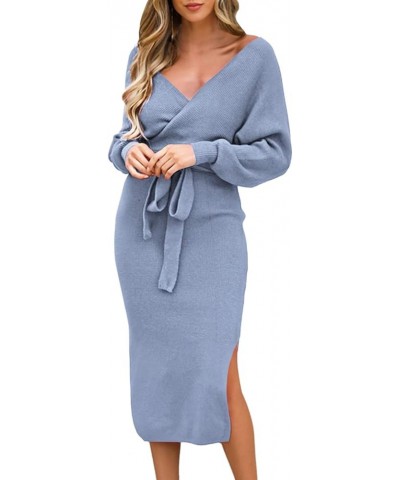 Women's V Neck Sweater Dress Casual Batwing Sleeve Wrap Front Backless Tie Waist Bodycon Dress Blue $19.24 Dresses