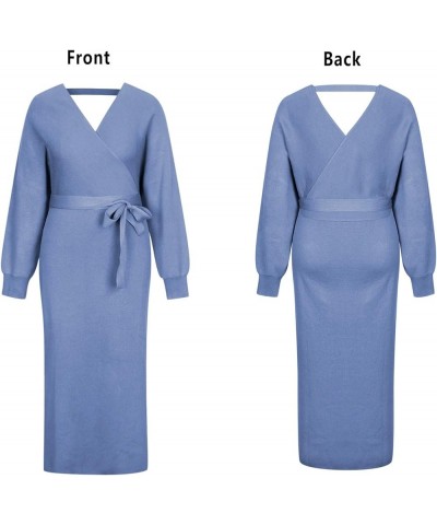 Women's V Neck Sweater Dress Casual Batwing Sleeve Wrap Front Backless Tie Waist Bodycon Dress Blue $19.24 Dresses