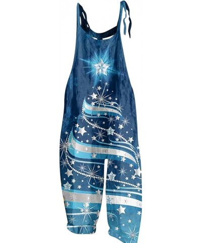 Christmas Loose Linen Women's Overalls Santa Claus Snowman Snowflake Star Penguin Prints Jumpsuits Rompers Pants 03-blue $11....