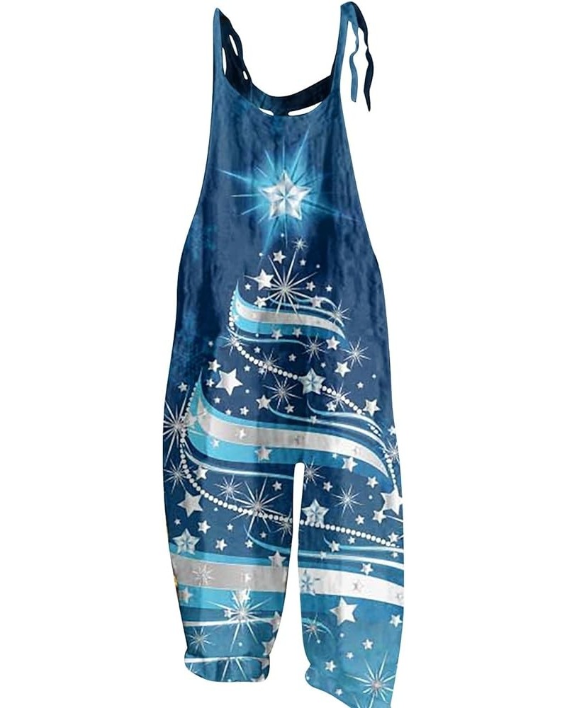 Christmas Loose Linen Women's Overalls Santa Claus Snowman Snowflake Star Penguin Prints Jumpsuits Rompers Pants 03-blue $11....