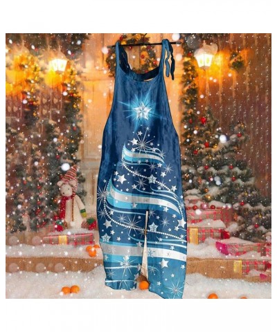 Christmas Loose Linen Women's Overalls Santa Claus Snowman Snowflake Star Penguin Prints Jumpsuits Rompers Pants 03-blue $11....