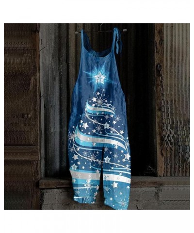 Christmas Loose Linen Women's Overalls Santa Claus Snowman Snowflake Star Penguin Prints Jumpsuits Rompers Pants 03-blue $11....